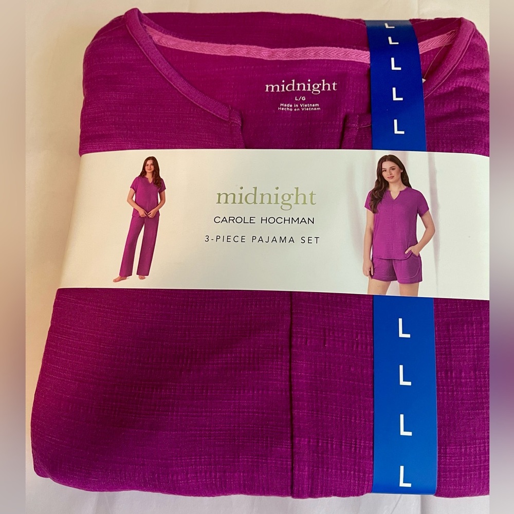New! 3 Piece Set Midnight by Carole Hochman Women's Magenta Pajama